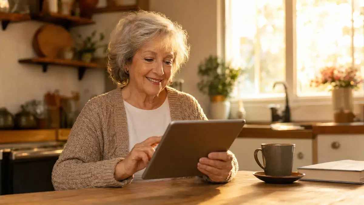Senior woman confidently using a tablet at her kitchen table
